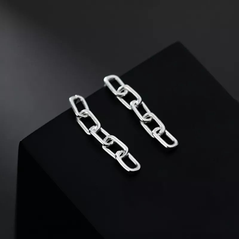 ANYCO Fashion Earrings Genuine Sterling Silver Punk Cuban Link Chain Stud Ring Clasp Dangle Rock Jewelry Gift for Women