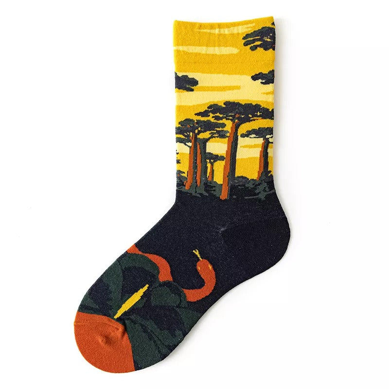 Anyfootwear 5 Pairs Size 5-9 Fashion Long Sock Cartoon Personalized Nature Yellow Forest Painting For Men Woman Winter Warm Comfortable Accessories