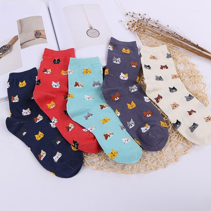 Anyfootwear 5 Pairs Navy Blue Cat Size 5-9 Fashion Socks High Quality Office Sports Bussiness Long Socks Cotton Solid Colors Skateboard Knitted Casual