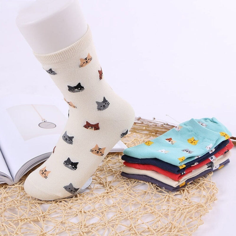 Anyfootwear 5 Pairs White Cat Size 5-9 Fashion Socks High Quality Office Sports Bussiness Long Socks Cotton Solid Colors Skateboard Knitted Casual