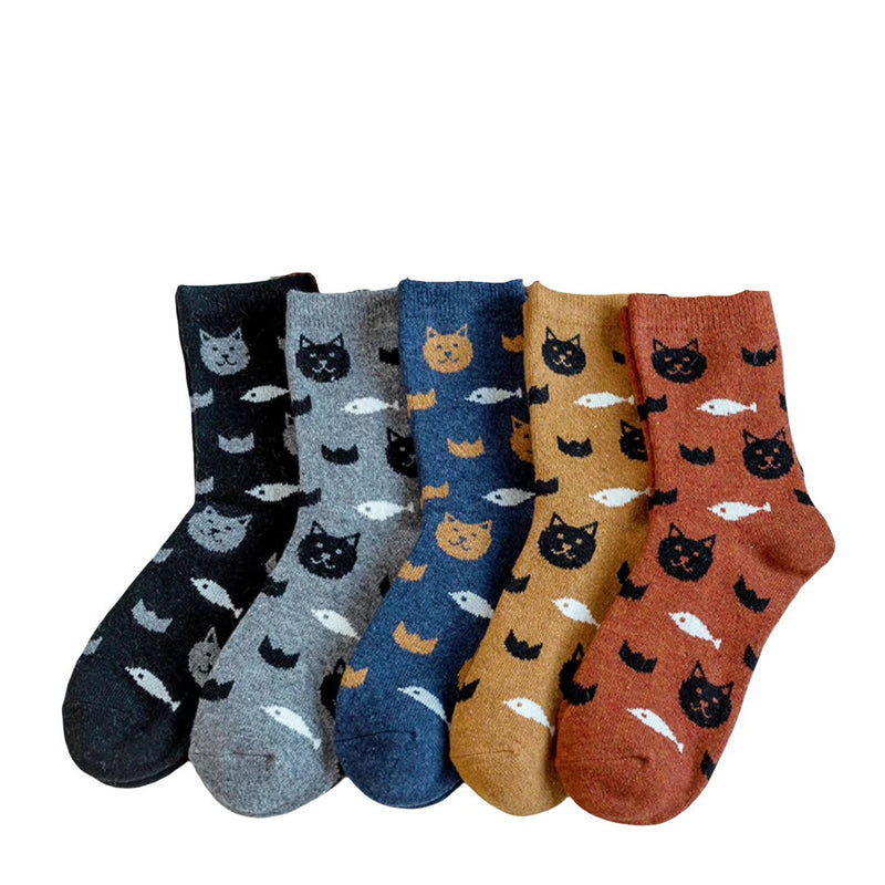 Anyfootwear 5 Pairs Size 5-9 Mix Color Kittens Winter Thick And Warm Wool Socks Casual Euramerican National Wind-Flowers Fashion Cotton Socks