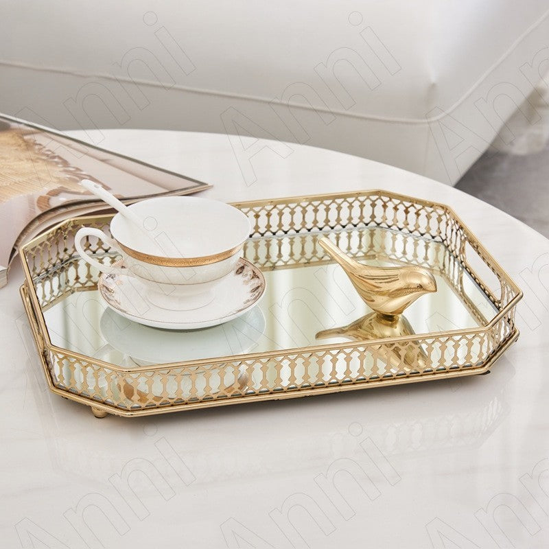 ANYHOUZ  29cm Gold Rectangle Glass Mirror Base Metal Vanity Food Serving Organisr Jewelry Cosmetics Storage Tray with Handle