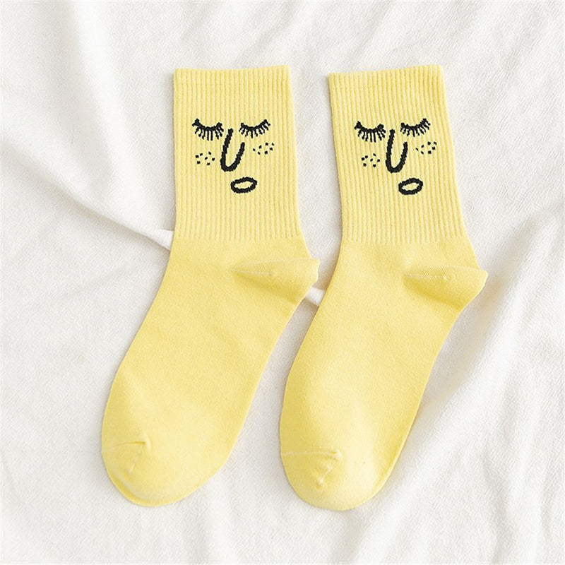 Anyfootwear 5 Pairs One Size 5-9 Yellow Unisex Wacky Expressions Style Trend Surprise Socks With Candy Colors Funny, Kawaii, Happy Girls Socks For Women