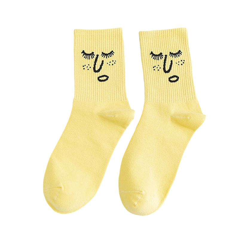 Anyfootwear 5 Pairs One Size 5-9 Yellow Unisex Wacky Expressions Style Trend Surprise Socks With Candy Colors Funny, Kawaii, Happy Girls Socks For Women