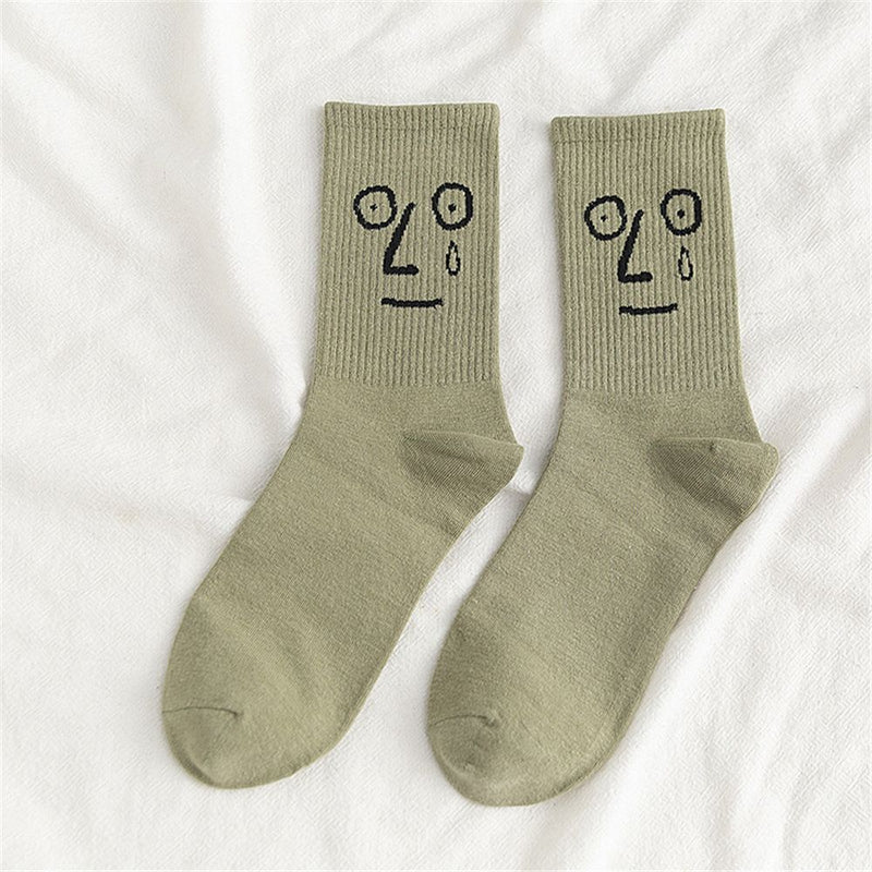 Anyfootwear 5 Pairs One Size 5-9 Green Unisex Wacky Expressions Style Trend Surprise Socks With Candy Colors Funny, Kawaii, Happy Girls Socks For Women