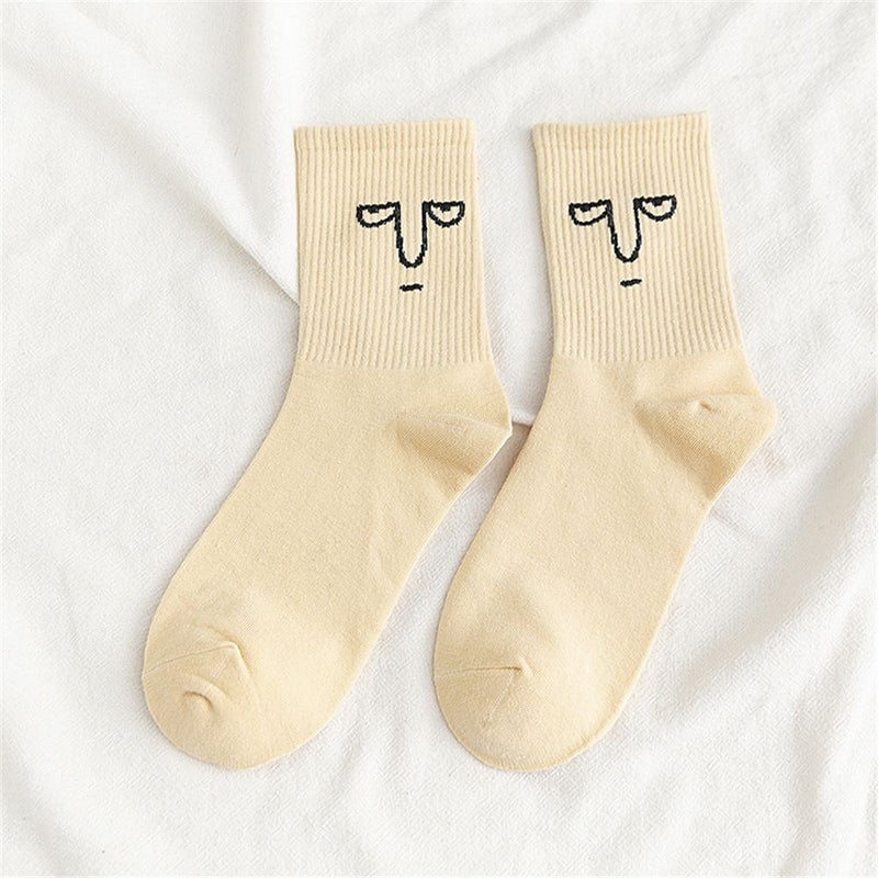 Anyfootwear 5 Pairs One Size 5-9 Milk White Unisex Wacky Expressions Trend Surprise Socks With Candy Colors Funny, Kawaii, Happy Girls Socks For Women