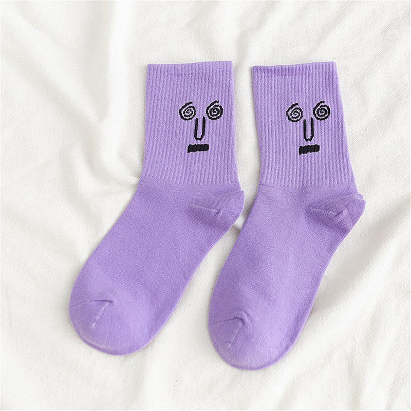 Anyfootwear 5 Pairs One Size 5-9 Purple Unisex Wacky Expressions Style Trend Surprise Socks With Candy Colors Funny, Kawaii, Happy Girls Socks For Women