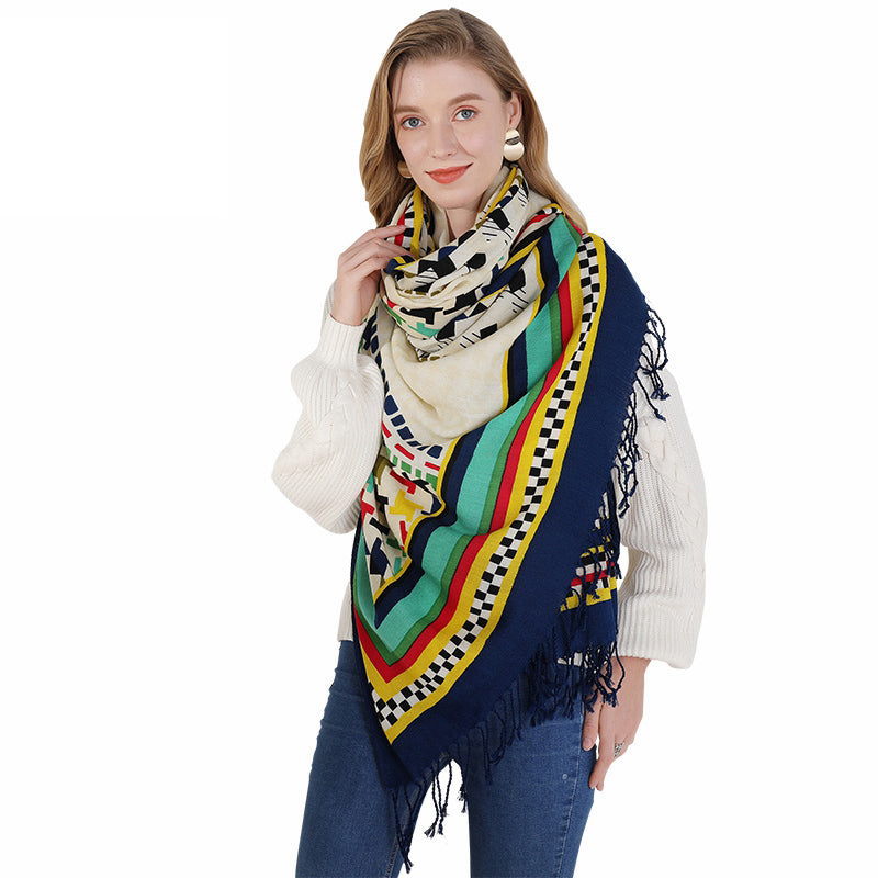 Anyyou 100% Merino Wool Blue Yellow Cab Pattern  Silk Satin Large Winter Scarf Pashmina Shawl Bandana Perfect For Women Ladies Fashion Style