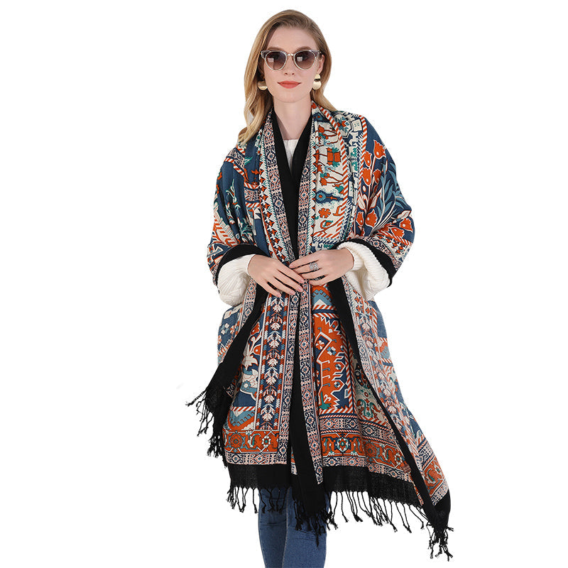 Anyyou 100% Merino Wool Blue Black And Orange  Silk Satin Large Winter Scarf Pashmina Shawl Bandana Perfect For Women Ladies Fashion Style
