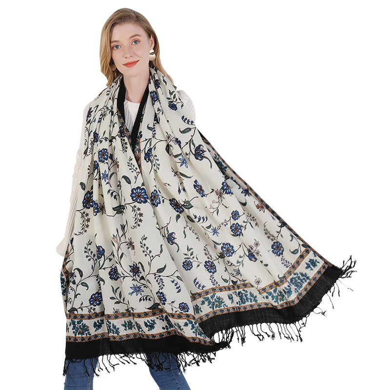 Anyyou 100% Merino Wool Blue Flower Design  Silk Satin Large Winter Scarf Pashmina Shawl Bandana Perfect For Women Ladies Fashion Style