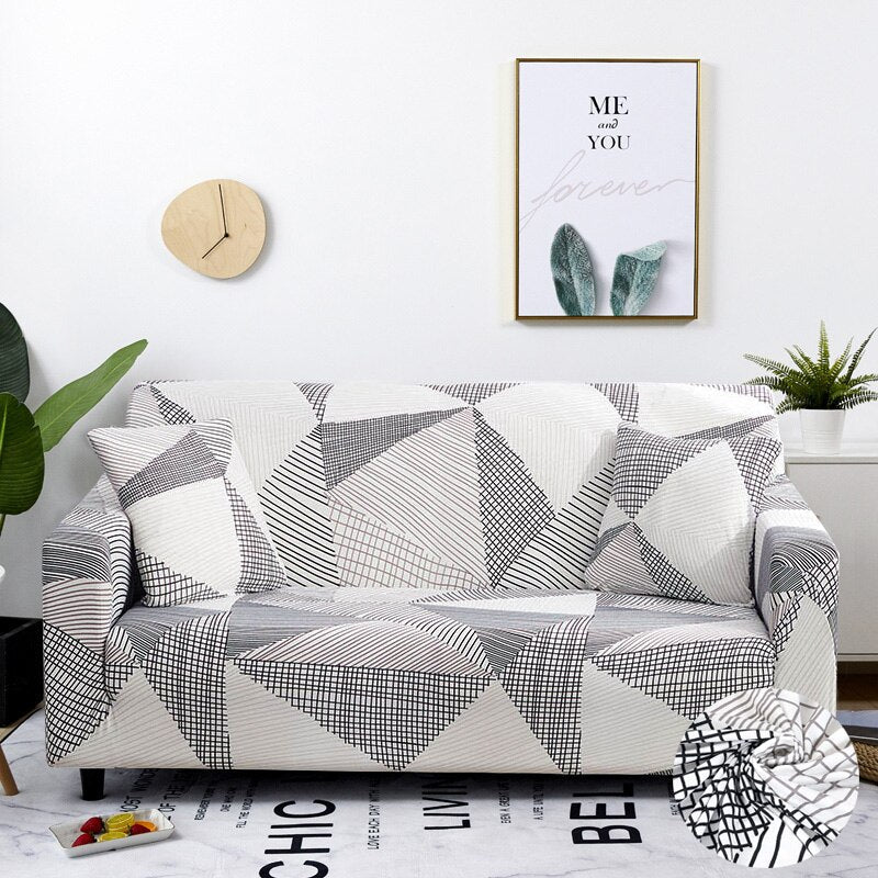 Anyseat 4 Seater Sofa Cover White Geometric Style and Protection For Living Room Sofa Chair Elastic Stretchable Slipcover