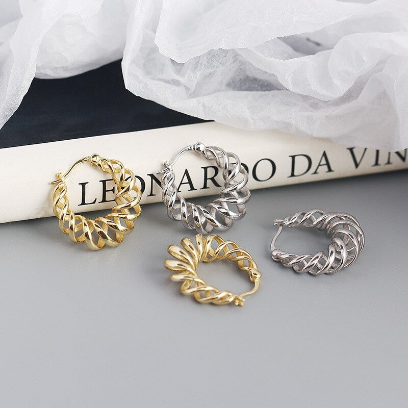 ANYCO Earrings Hip Hop Punk Hollow Twisted Sterling Silver Unique Exaggerated Hoop Piercing For Women Jewelry