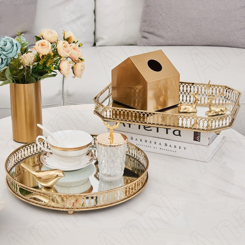 ANYHOUZ  29cm Gold Rectangle Glass Mirror Base Metal Vanity Food Serving Organisr Jewelry Cosmetics Storage Tray with Handle